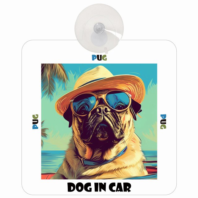 Pug パグ DOG IN CAR 海 麦わら帽子 サングラス 車用吸盤付サイン 12.4x14.6cm