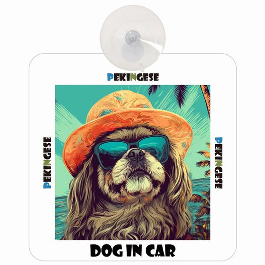 Pekingese ペキニーズ DOG IN CAR 海 麦わら帽子 サングラス 車用吸盤付サイン 12.4x14.6cm