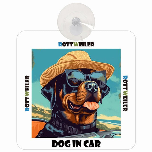 Rottweiler ロットワイラー DOG IN CAR 海 麦わら帽子 サングラス 車用吸盤付サイン 12.4x14.6cm