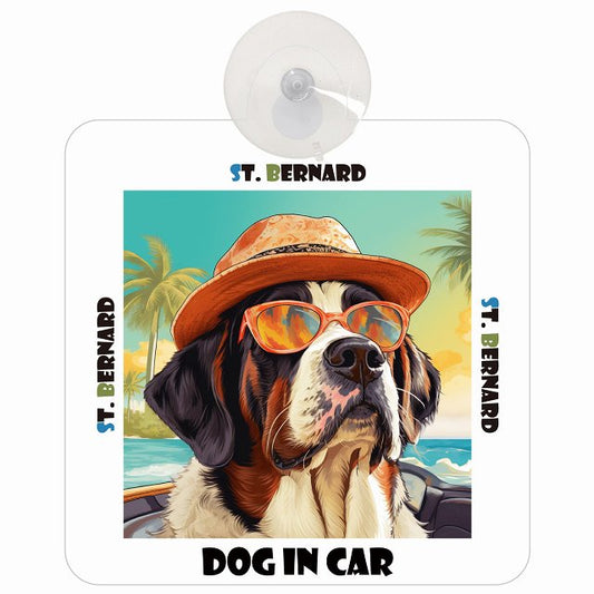 St. Bernard セントバーナード DOG IN CAR 海 麦わら帽子 サングラス 車用吸盤付サイン 12.4x14.6cm