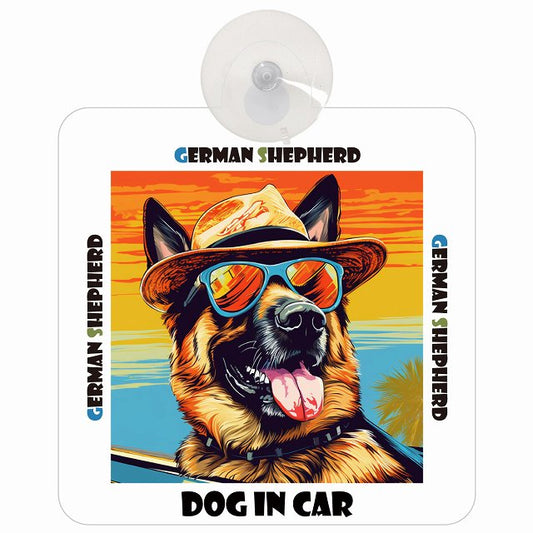 German Shepherd ジャーマンシェパード DOG IN CAR 海 麦わら帽子 サングラス 車用吸盤付サイン 12.4x14.6cm