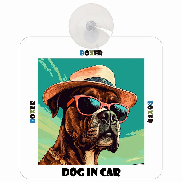 Boxer ボクサー DOG IN CAR 海 麦わら帽子 サングラス 車用吸盤付サイン 12.4x14.6cm