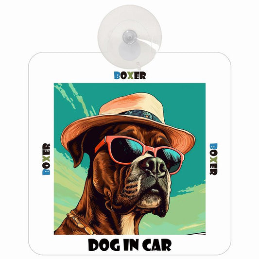 Boxer ボクサー DOG IN CAR 海 麦わら帽子 サングラス 車用吸盤付サイン 12.4x14.6cm