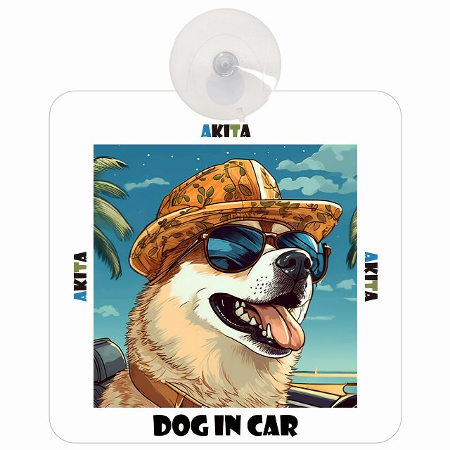 Akita 秋田犬 DOG IN CAR 海 麦わら帽子 サングラス 車用吸盤付サイン 12.4x14.6cm
