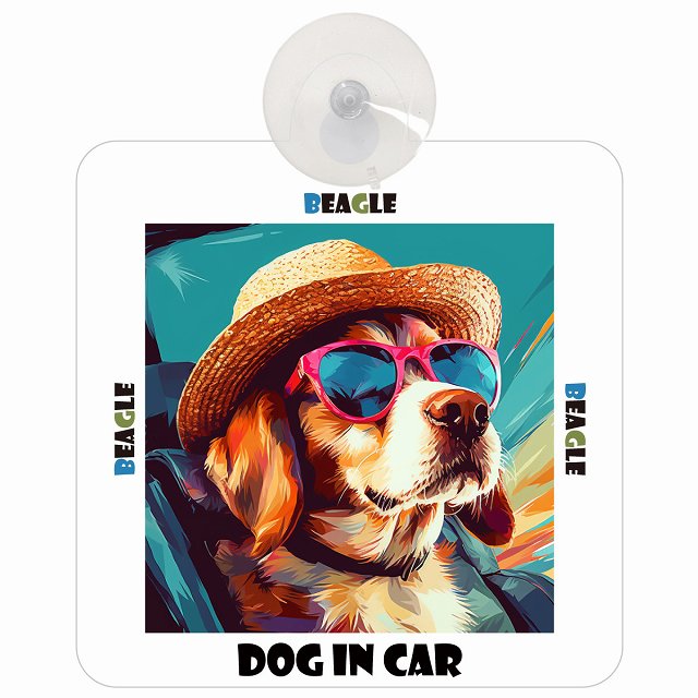Beagle ビーグル DOG IN CAR 海 麦わら帽子 サングラス 車用吸盤付サイン 12.4x14.6cm