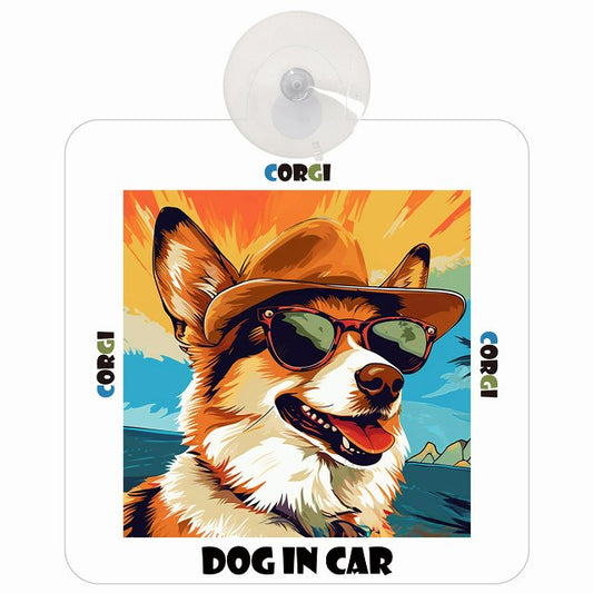 Corgi コーギー DOG IN CAR 海 麦わら帽子 サングラス 車用吸盤付サイン 12.4x14.6cm