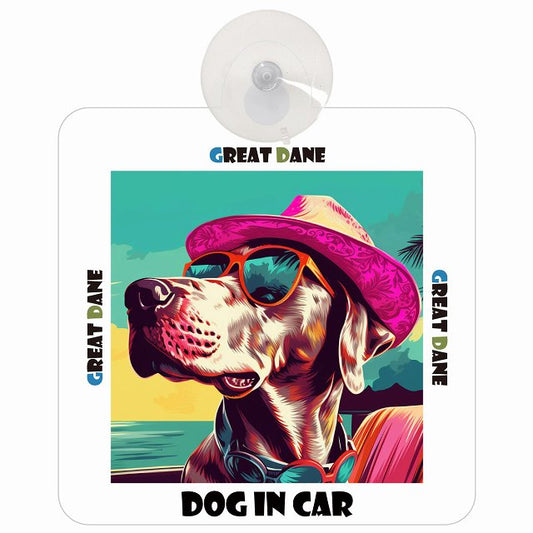 Great Dane グレートデーン DOG IN CAR 海 麦わら帽子 サングラス 車用吸盤付サイン 12.4x14.6cm
