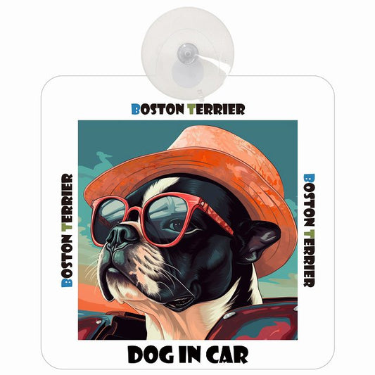 Boston Terrier ボストンテリア DOG IN CAR 海 麦わら帽子 サングラス 車用吸盤付サイン 12.4x14.6cm