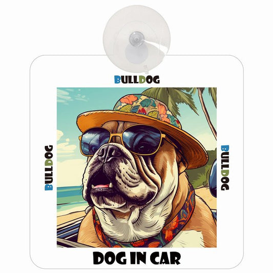 Bulldog ブルドッグ DOG IN CAR 海 麦わら帽子 サングラス 車用吸盤付サイン 12.4x14.6cm