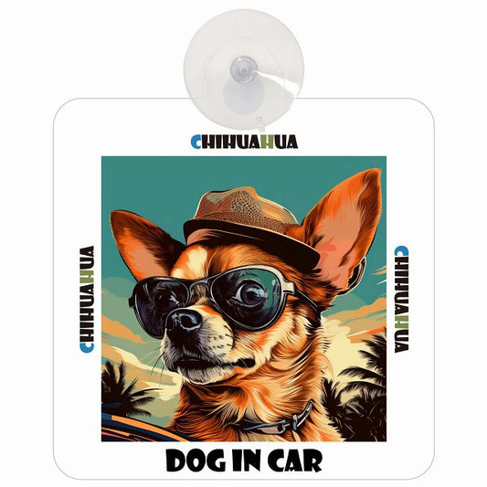 Chihuahua チワワ DOG IN CAR 海 麦わら帽子 サングラス 車用吸盤付サイン 12.4x14.6cm