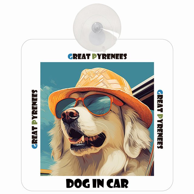 Great Pyrenees グレートピレニーズ DOG IN CAR 海 麦わら帽子 サングラス 車用吸盤付サイン 12.4x14.6cm