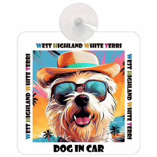 West Highland White Terrier ウエストハイランドホワイトテリア DOG IN CAR 海 麦わら帽子 サングラス 車用吸盤付サイン 12.4x14.6cm