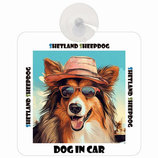 Shetland Sheepdog シェットランドシープドッグ DOG IN CAR 海 麦わら帽子 サングラス 車用吸盤付サイン 12.4x14.6cm