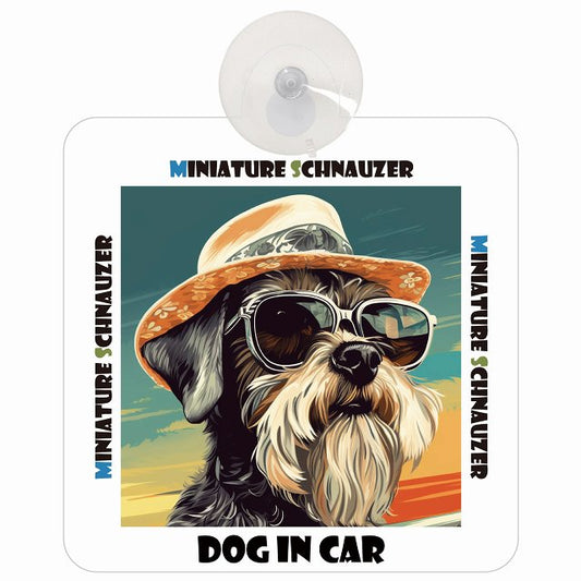 Miniature Schnauzer ミニチュアシュナウザー DOG IN CAR 海 麦わら帽子 サングラス 車用吸盤付サイン 12.4x14.6cm
