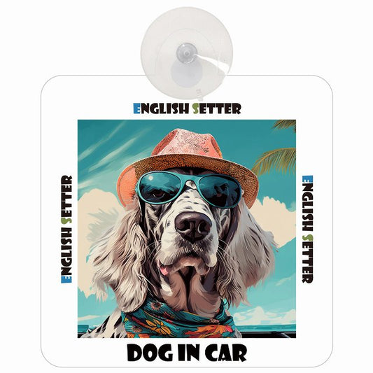 English Setter イングリッシュセッター DOG IN CAR 海 麦わら帽子 サングラス 車用吸盤付サイン 12.4x14.6cm