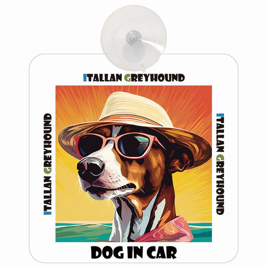 Itallan Greyhound イタリアングレーハウンド DOG IN CAR 海 麦わら帽子 サングラス 車用吸盤付サイン 12.4x14.6cm