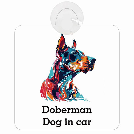 Dog in car Doberman ドーベルマン Dタイプ カラフル ポップアート風 車用吸盤付サイン 12.4x14.6cm 表示プレート