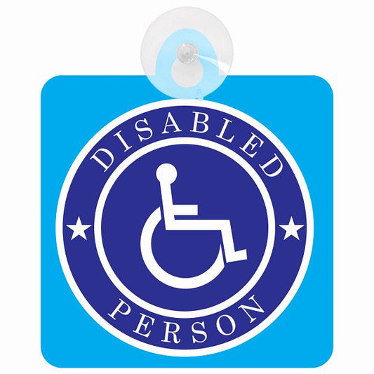 障がい者マーク DISABLED PERSON 車椅子 ブルー 車用吸盤付サイン 12.4x14.6cm 表示プレート