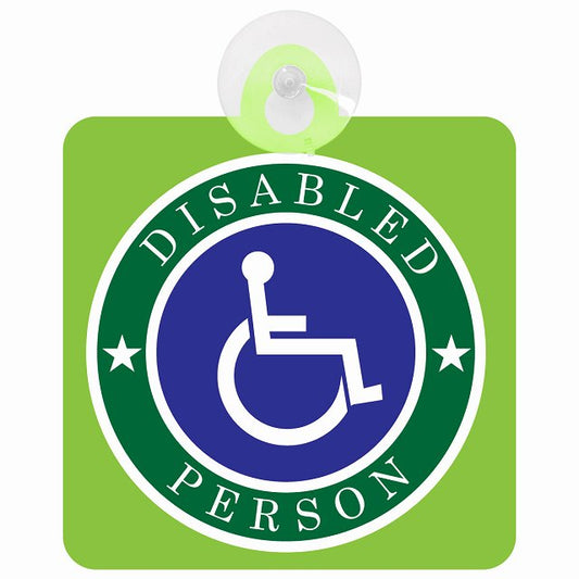 障がい者マーク DISABLED PERSON 車椅子 グリーン 車用吸盤付サイン 12.4x14.6cm 表示プレート