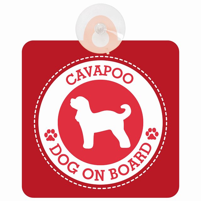 DOG ON BOARD Cavapoo キャバプー レッド 安全運転 肉球マーク 車用吸盤付サイン 12.4x14.6cm 表示プレート