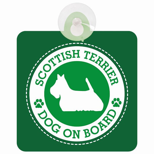 DOG ON BOARD Scottish Terrier スコティッシュテリア グリーン 安全運転 肉球マーク 車用吸盤付サイン 12.4x14.6cm 表示プレート