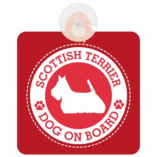 DOG ON BOARD Scottish Terrier スコティッシュテリア レッド 安全運転 肉球マーク 車用吸盤付サイン 12.4x14.6cm 表示プレート