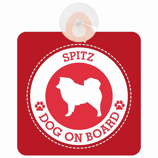 DOG ON BOARD Spitz スピッツ レッド 安全運転 肉球マーク 車用吸盤付サイン 12.4x14.6cm 表示プレート
