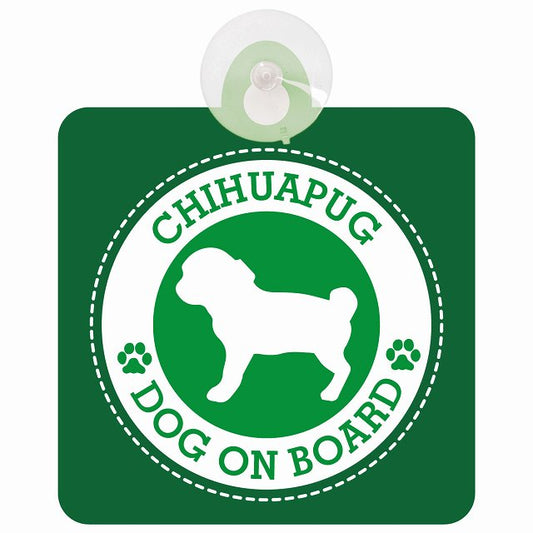 DOG ON BOARD Chihuapug チワパグ グリーン 安全運転 肉球マーク 車用吸盤付サイン 12.4x14.6cm 表示プレート