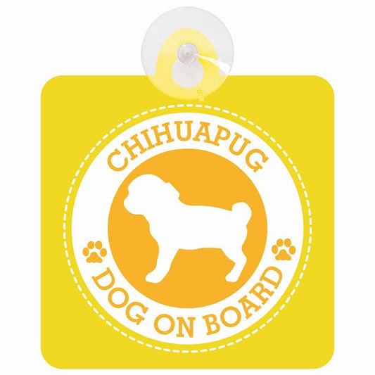 DOG ON BOARD Chihuapug チワパグ イエロー 安全運転 肉球マーク 車用吸盤付サイン 12.4x14.6cm 表示プレート