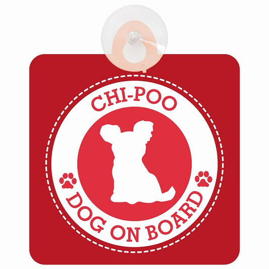 DOG ON BOARD Chi-Poo チワプー レッド 安全運転 肉球マーク 車用吸盤付サイン 12.4x14.6cm 表示プレート