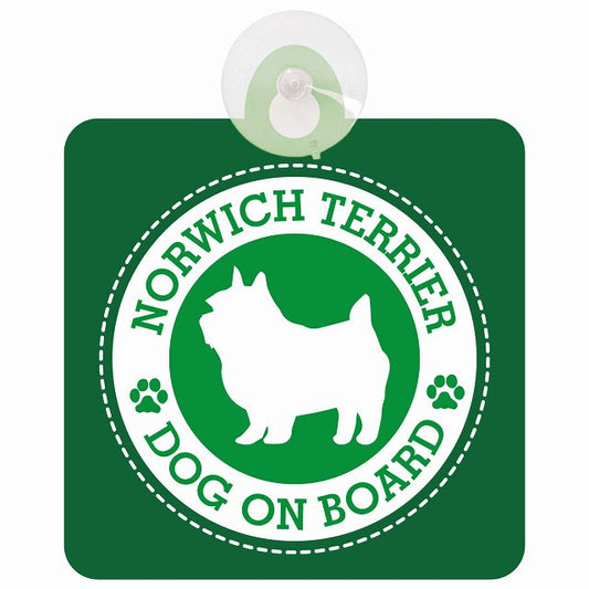 DOG ON BOARD Norwich Terrier ノーリッチテリア グリーン 安全運転 肉球マーク 車用吸盤付サイン 12.4x14.6cm 表示プレート