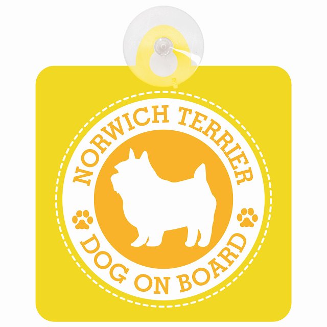 DOG ON BOARD Norwich Terrier ノーリッチテリア イエロー 安全運転 肉球マーク 車用吸盤付サイン 12.4x14.6cm 表示プレート