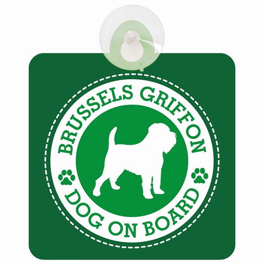 DOG ON BOARD Brussels Griffon ブリュッセル・グリフォン グリーン 安全運転 肉球マーク 車用吸盤付サイン 12.4x14.6cm 表示プレート