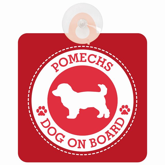 DOG ON BOARD Pomechs ポメックス レッド 安全運転 肉球マーク 車用吸盤付サイン 12.4x14.6cm 表示プレート