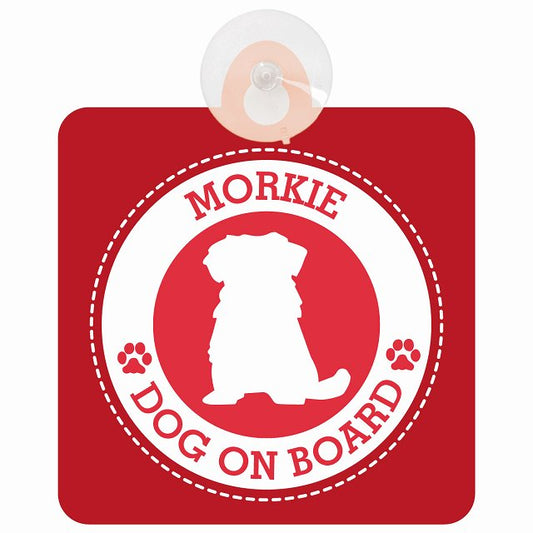 DOG ON BOARD Morkie マルーキー レッド 安全運転 肉球マーク 車用吸盤付サイン 12.4x14.6cm 表示プレート