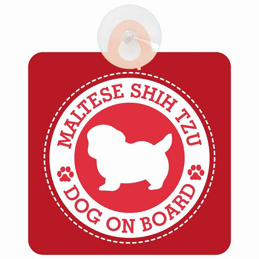 DOG ON BOARD Maltese Shih Tzu マルシーズー レッド 安全運転 肉球マーク 車用吸盤付サイン 12.4x14.6cm 表示プレート