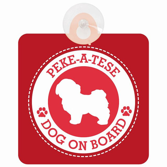 DOG ON BOARD Peke-A-Tese マルペキ レッド 安全運転 肉球マーク 車用吸盤付サイン 12.4x14.6cm 表示プレート