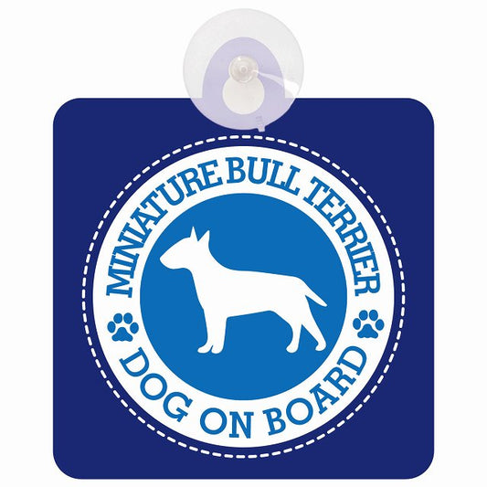 DOG ON BOARD Miniature Bull Terrier ミニチュアブルテリア ブルー 安全運転 肉球マーク 車用吸盤付サイン 12.4x14.6cm 表示プレート