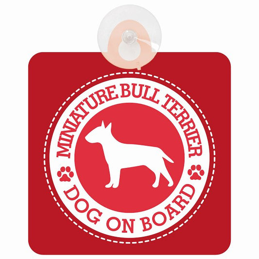 DOG ON BOARD Miniature Bull Terrier ミニチュアブルテリア レッド 安全運転 肉球マーク 車用吸盤付サイン 12.4x14.6cm 表示プレート