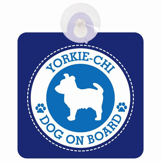 DOG ON BOARD Yorkie-Chi ヨーチー ブルー 安全運転 肉球マーク 車用吸盤付サイン 12.4x14.6cm 表示プレート