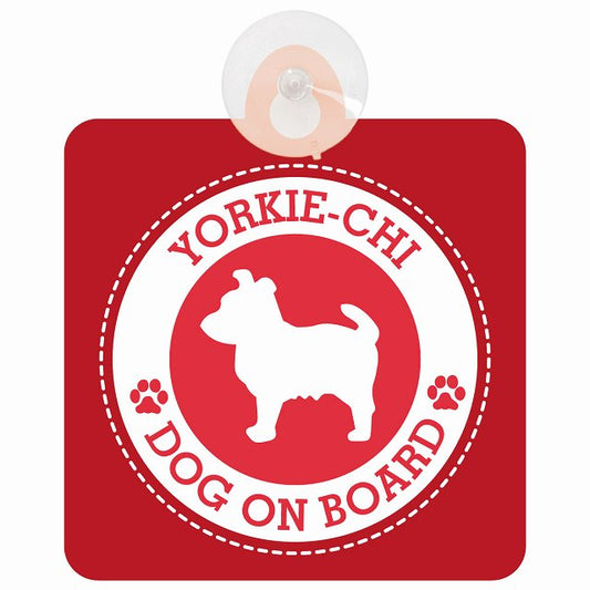 DOG ON BOARD Yorkie-Chi ヨーチー レッド 安全運転 肉球マーク 車用吸盤付サイン 12.4x14.6cm 表示プレート