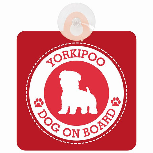 DOG ON BOARD Yorkipoo ヨープー レッド 安全運転 肉球マーク 車用吸盤付サイン 12.4x14.6cm 表示プレート