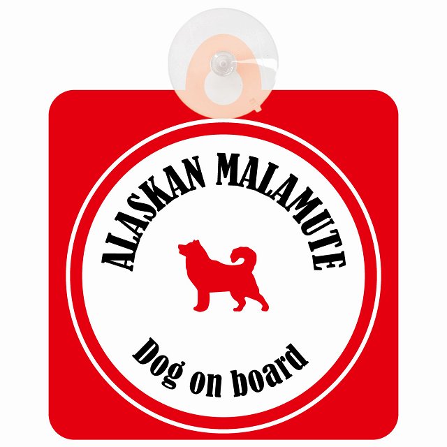 Alaskan Malamute アラスカンマラミュート ホワイト＆レッド DOG IN CAR カラフル 車用吸盤付サイン 12.4x14.6cm