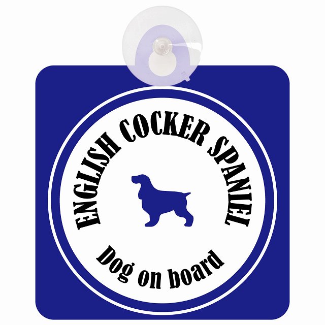 English Cocker Spaniel イングリッシュコッカースパニエル ホワイト＆ネイビー DOG IN CAR カラフル 車用吸盤付サイン 12.4x14.6cm