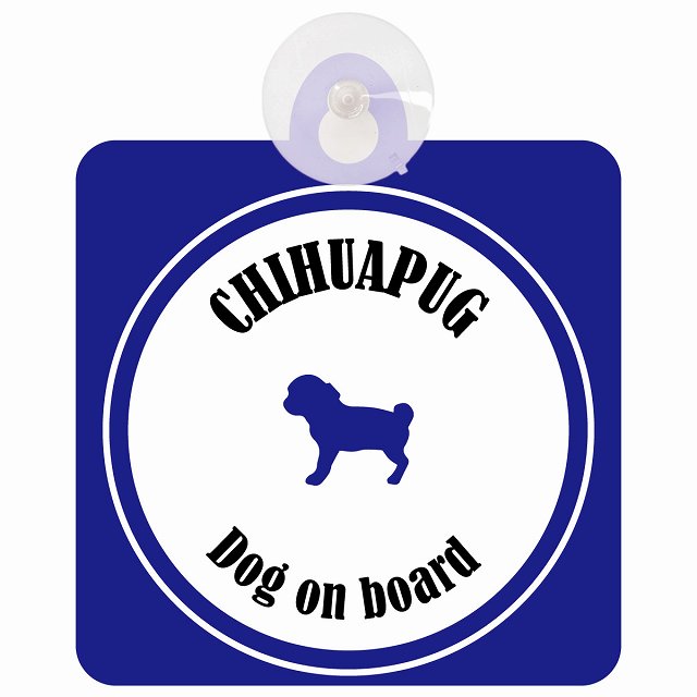 Chihuapug チワパグ ホワイト＆ネイビー DOG IN CAR カラフル 車用吸盤付サイン 12.4x14.6cm