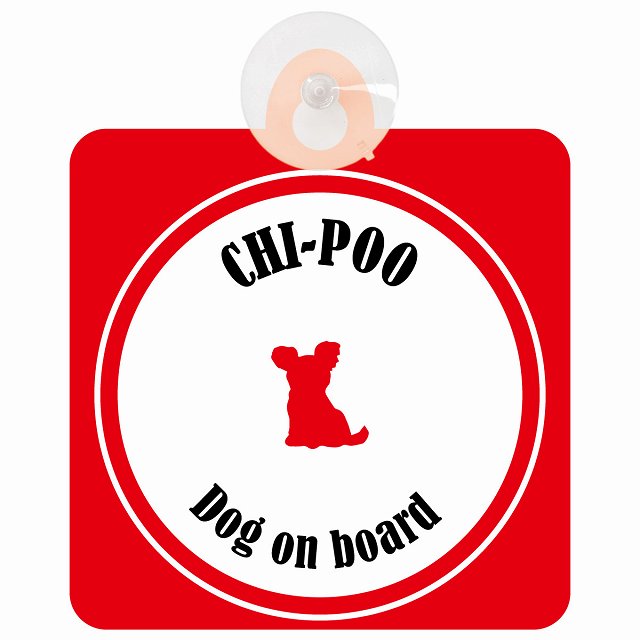 Chi-Poo チワプー ホワイト＆レッド DOG IN CAR カラフル 車用吸盤付サイン 12.4x14.6cm