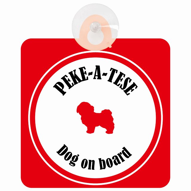 Peke-A-Tese マルペキ ホワイト＆レッド DOG IN CAR カラフル 車用吸盤付サイン 12.4x14.6cm