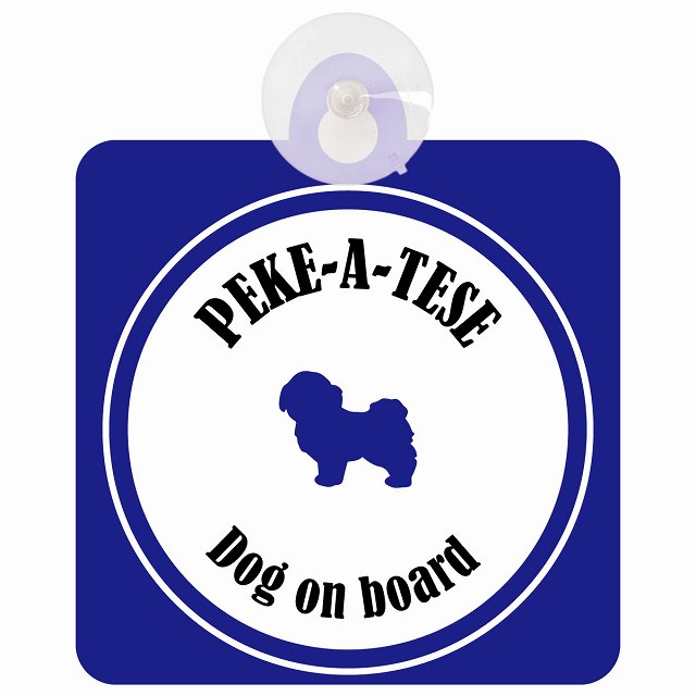 Peke-A-Tese マルペキ ホワイト＆ネイビー DOG IN CAR カラフル 車用吸盤付サイン 12.4x14.6cm