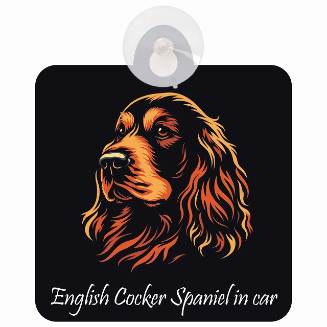 English Cocker Spaniel イングリッシュコッカースパニエル Aタイプ イラスト付 DOG IN CAR 車用吸盤付サイン 12.4x14.6cm
