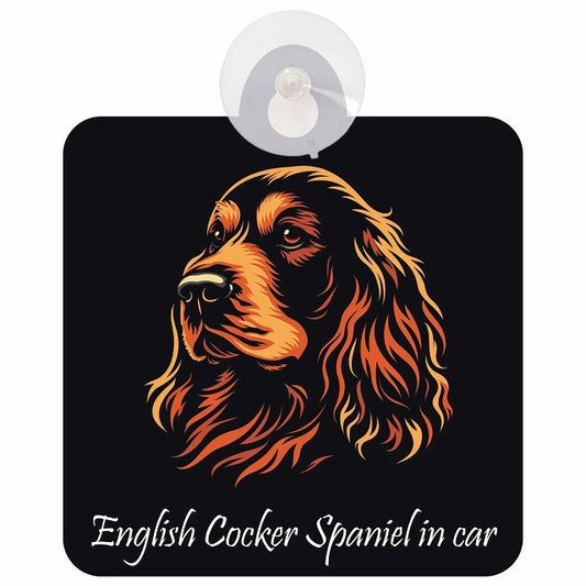 English Cocker Spaniel イングリッシュコッカースパニエル Aタイプ イラスト付 DOG IN CAR 車用吸盤付サイン 12.4x14.6cm